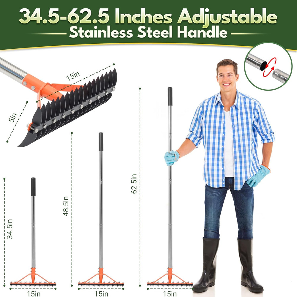 Thatch Rake for Lawns 18 Sharp Tempered Spring Steel Tines Dethatcher Rake Heavy
