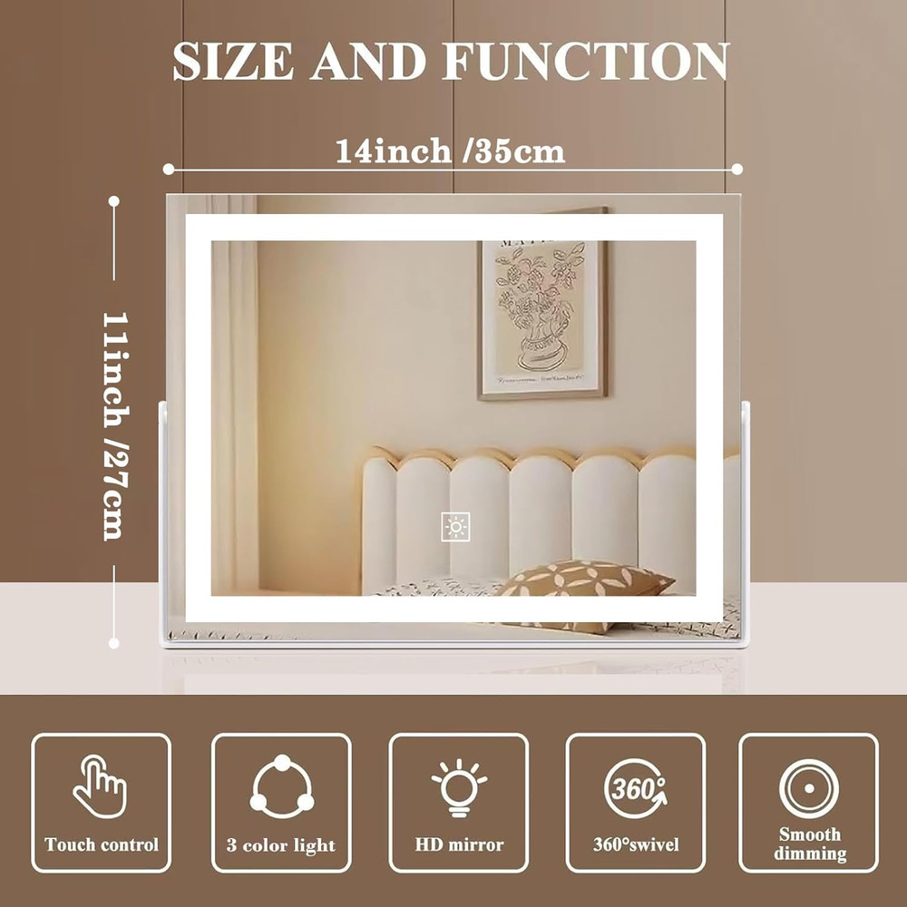 14-Inch LED Vanity Makeup Mirror with Dimmable Touch Control and 360° Rotation