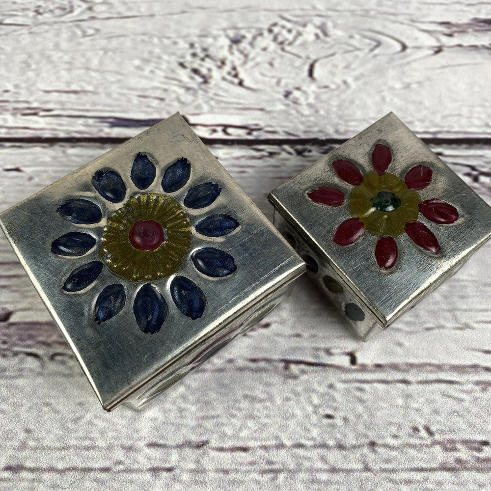 Embossed Hand Painted Mini Mexican Nesting Tin Trinket Boxes Square Hinged