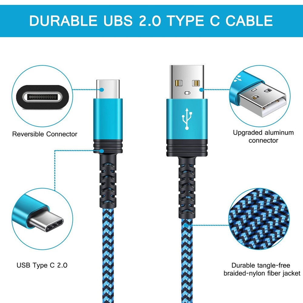 S23 USB Type C Cable Fast Charging Android 6ft C Cable, White+Purple+Blue