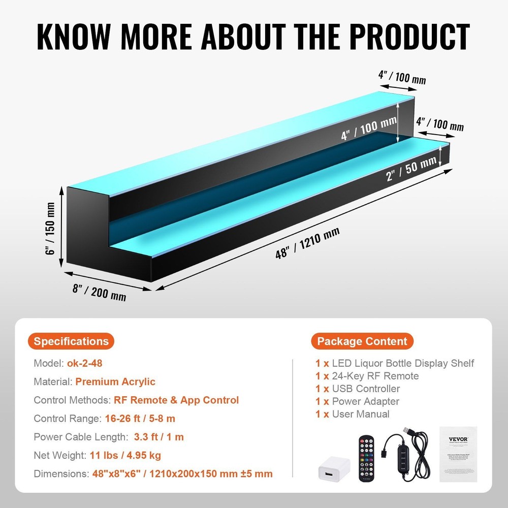 48in Multicolor LED Bottle Shelf 2-Step Acrylic App RF Control Lasting