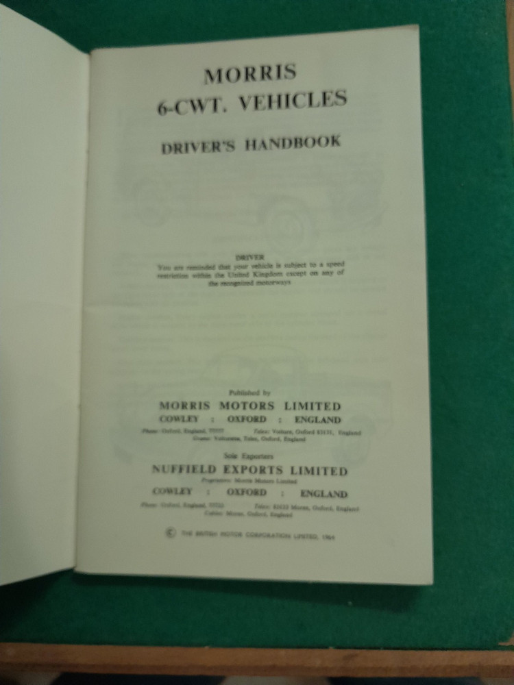 MORRIS 6-CWT VEHICLES 1964 DRIVERS HANDBOOK.