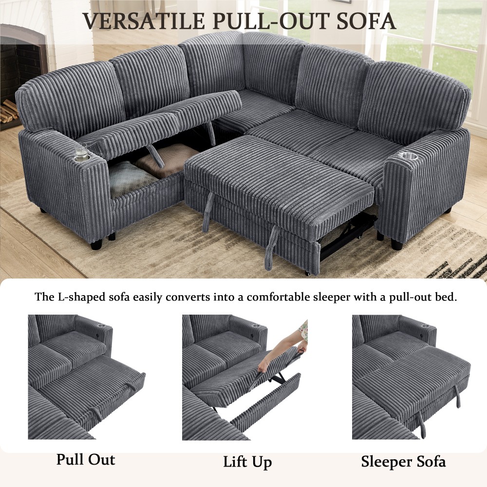 5-Seat L-Shaped Sectional Sofa Bed w/ Pull-Out Bed & USB Charging, Grey