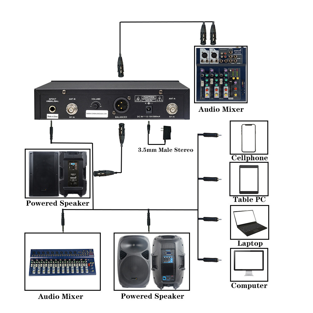 Quad Dynamic Wireless UHF Microphone System Guitar Straight pug Angled plug Mics