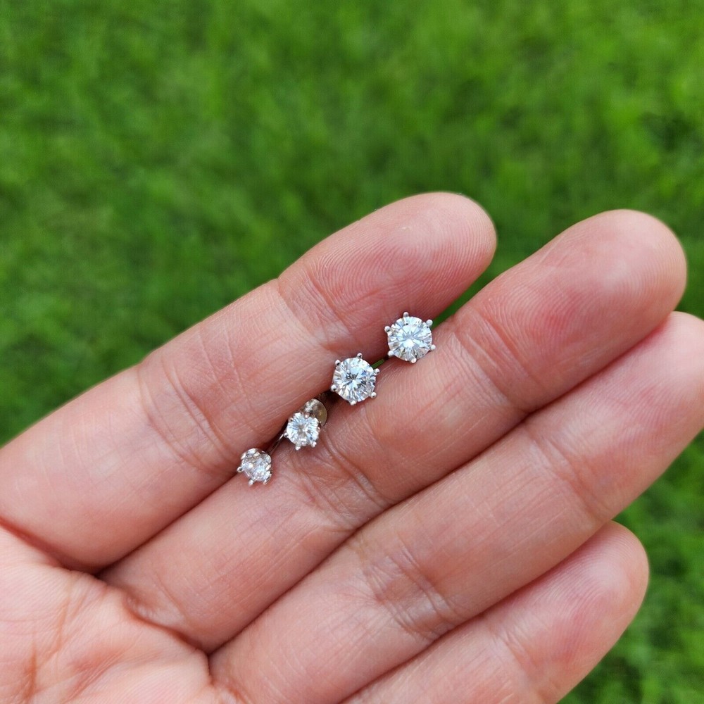 Real Solid 925 Silver 6mm Moissanite 1ct Stud Earrings Push Back Crown Men's