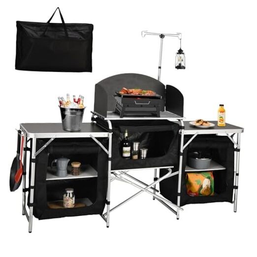Cmaping KitchenTable, Aluminum Folding Camping Cook Black With Three Cupboard