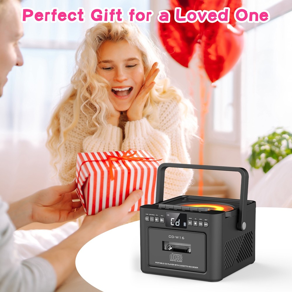 Bluetooth CD Cassette Boombox Player, Portable Rechargeable CD Player with Type-