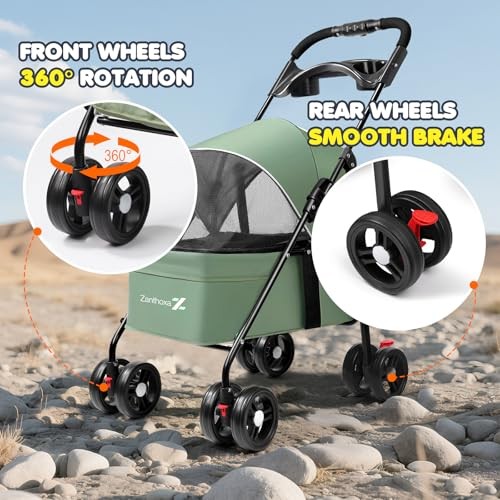 Pet Stroller for Small Dogs and Cats, One-Click Foldable Cat Stroller Green