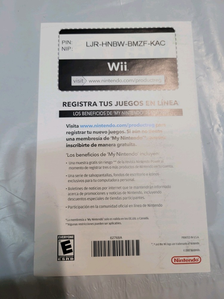Nintendo Wii Registration INSERT ONLY