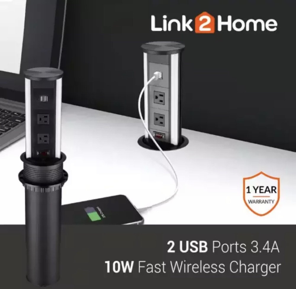 Link2Home 2-Outlets Automatic Pop Up Socket w 10-Watt Induction Wireless Charger