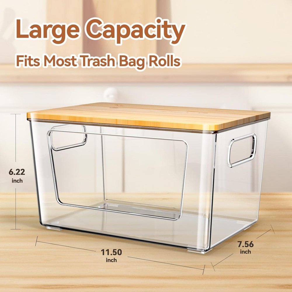 2 Pack Trash Bag Holder with Bamboo Lid, Stackable Trashbag Dispenser, Extra Lar
