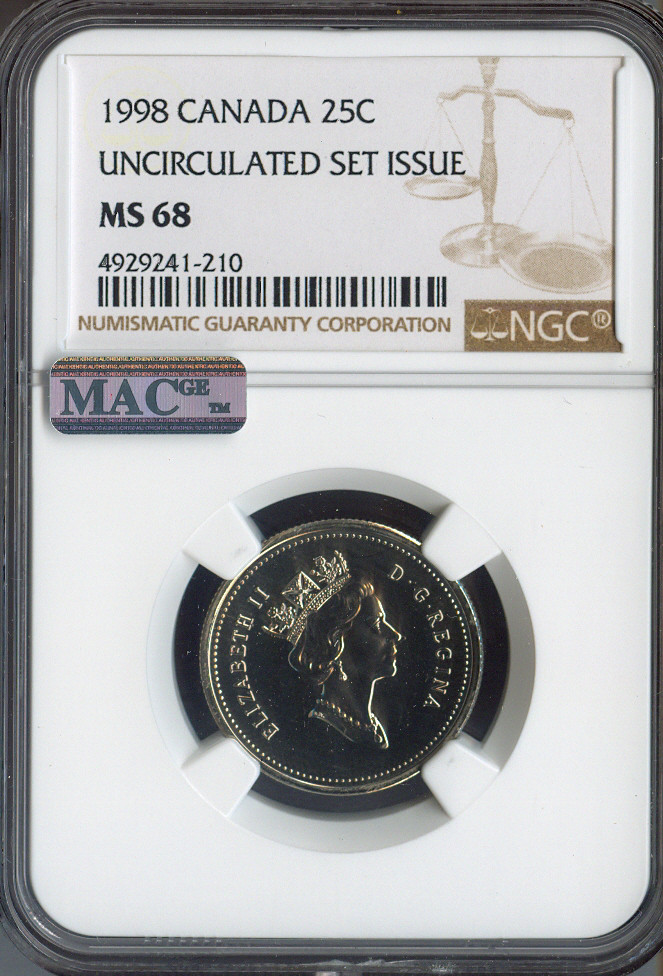 1998 Canada 25 Cents NGC MS68 MAC Quality
