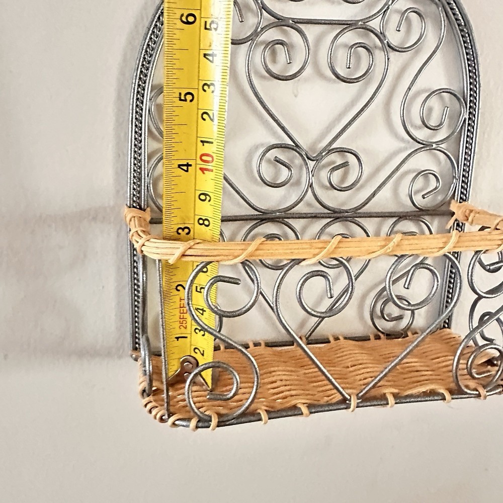 Small Wall Basket Metal and Wicker Scroll Decor