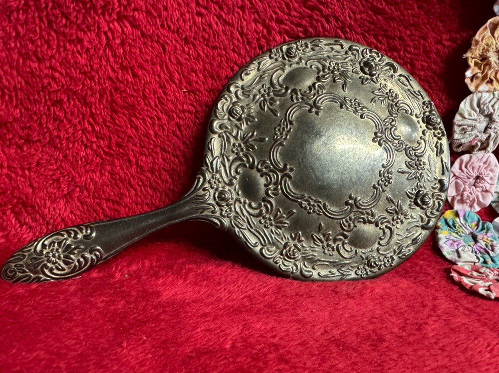 Vtg Vanity Hand Mirror with Decorative Raised Design