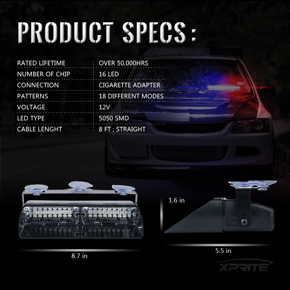 Xprite White 16 LED Strobe Light Bar Dash Interior Deck Flash Emergency Warning