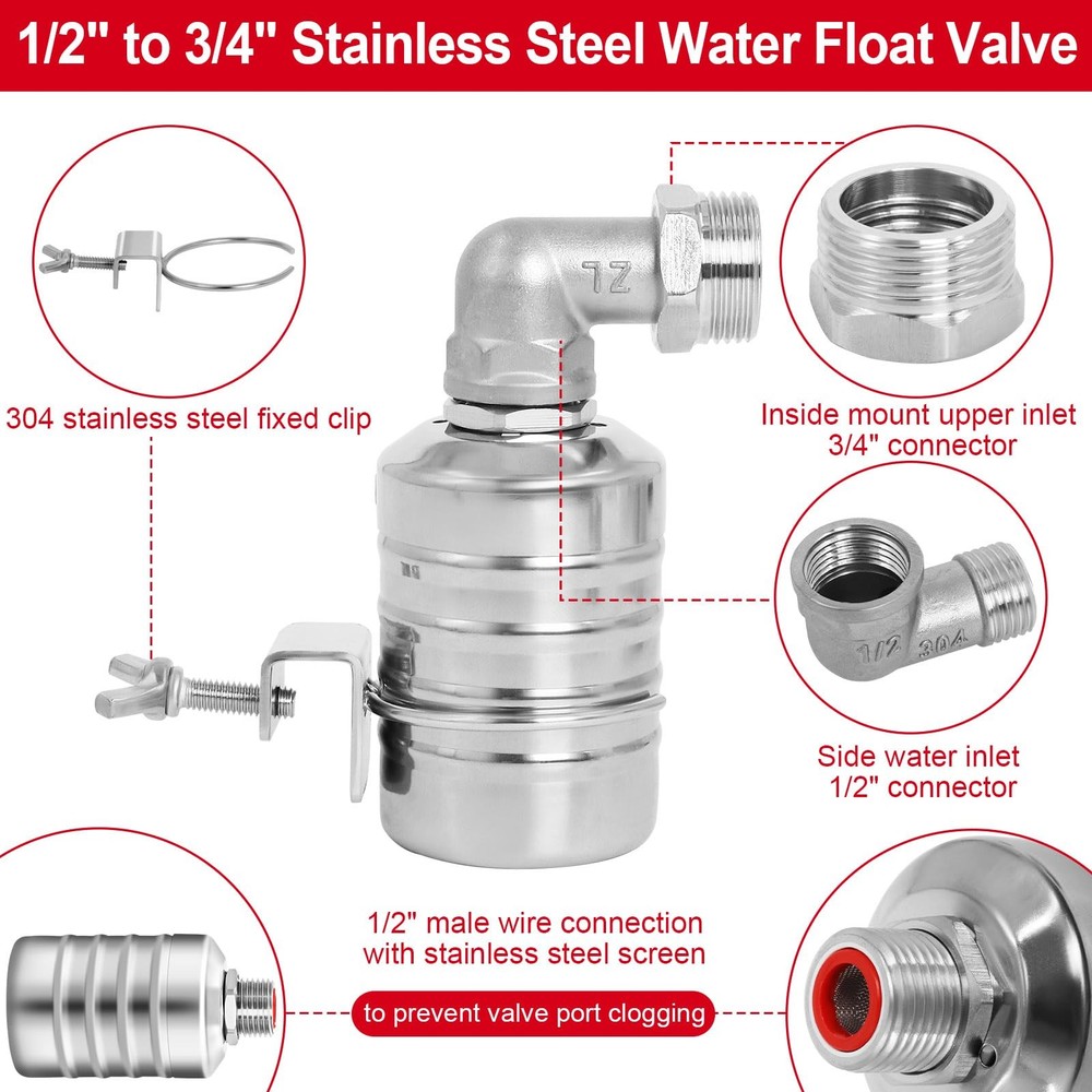 Automatic Float Valve for Water Tank, 2 Pack Stainless Steel Tank Float Valve...