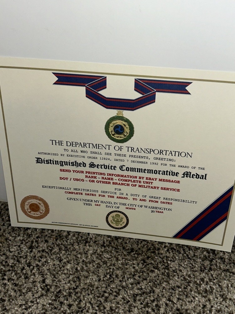 D.O.T. DISTINGUISHED SERVICE MEDAL COMMEMORATIVE CERTIFICATE ~ TYPE-2 w/PRINTING