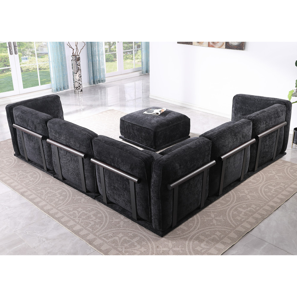 120 Inch Black Chenille Modular Sectional Sofa, Square Arms, Split Back, Modern