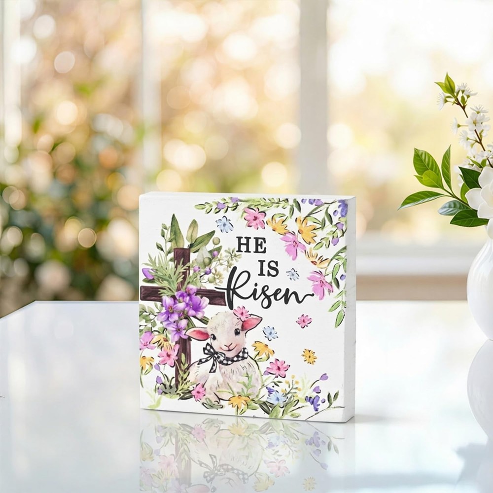 Smile Double-Sided Wooden Easter Decor Plaque - "He Is Risen" Religious Easte...