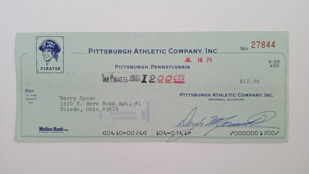 Barry Spear: 1978 Pittsburgh Pirates Expense Check