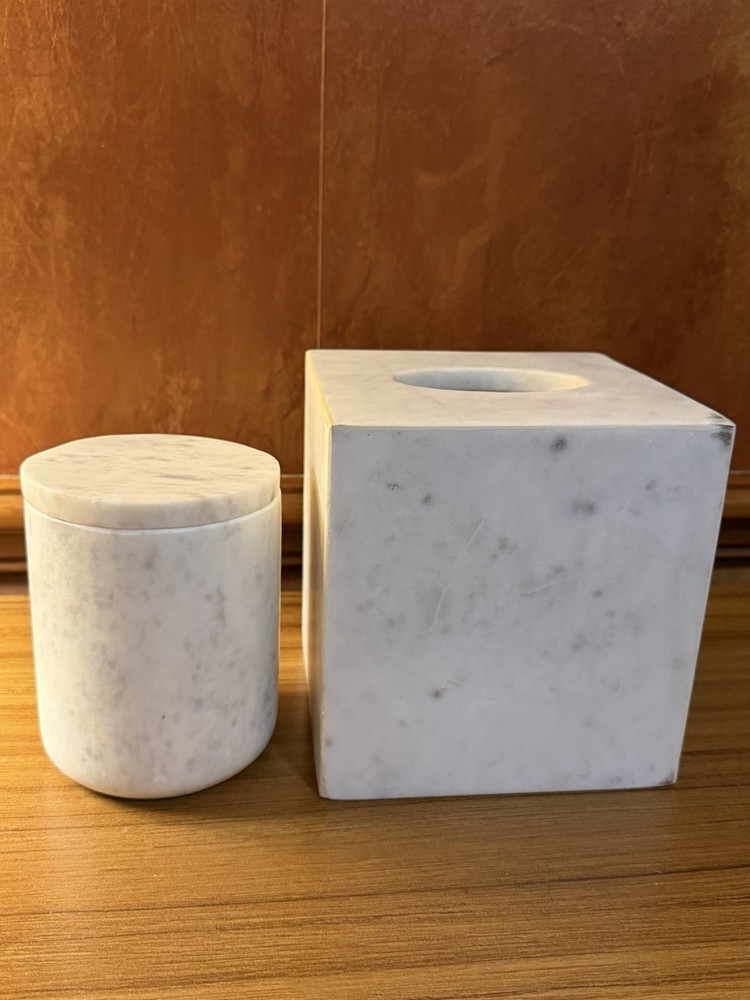 Brand New Solid Carrara Marble Tissue Box Cover & Matching Lidded Jar-READ