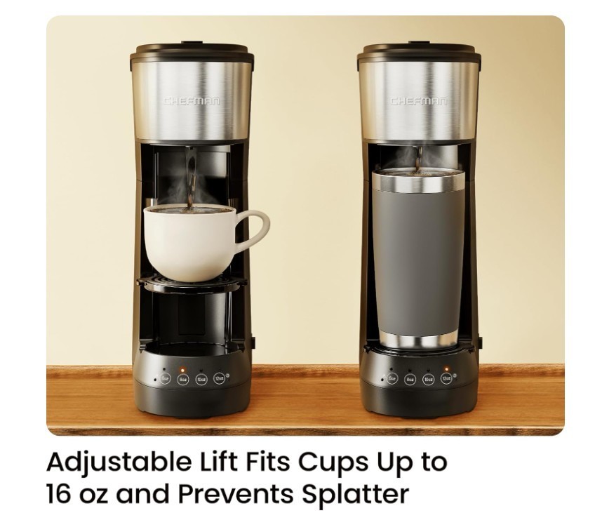Chefman Single Serve Coffee Maker: K-Cup & Ground Compatible, Single Cup 6-12 oz