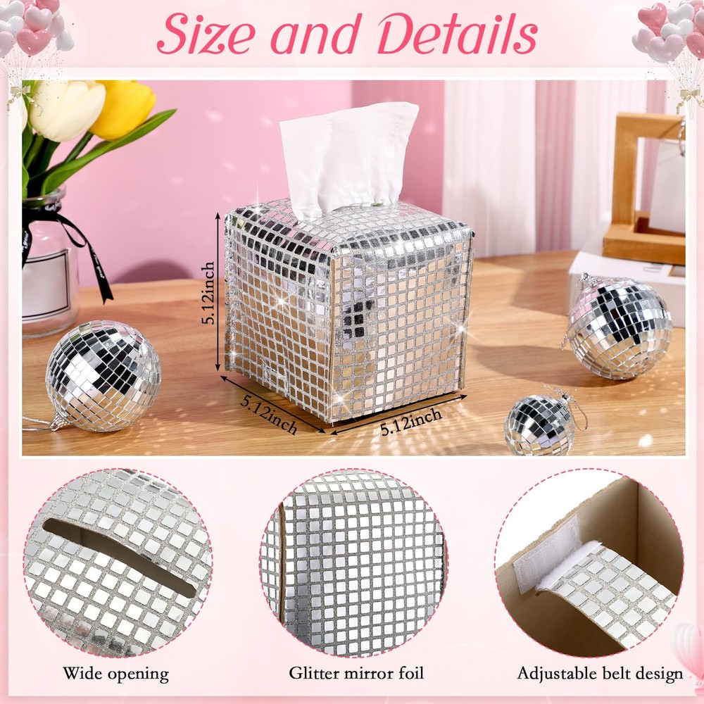 Disco Ball Tissue Box Cover Glitter Silver Square Rectangular Bling Paper Hol...