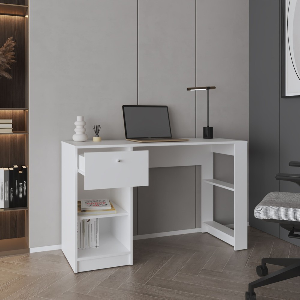 Computer Desk, 1 Drawer, 2 Shelves, White