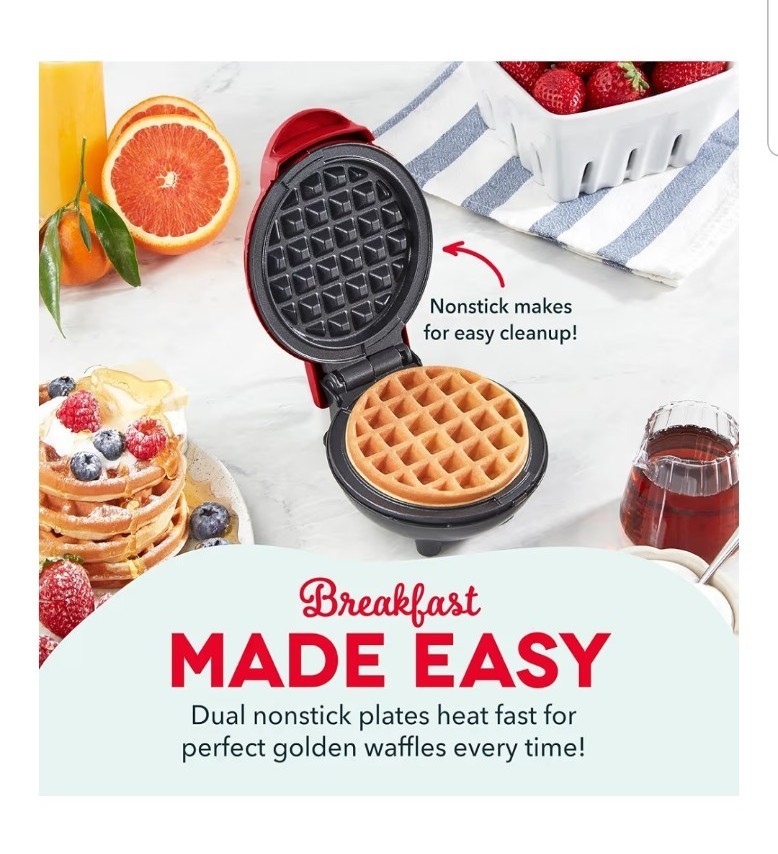 Dash Mini Waffle Maker Compact Electric Iron PTFE Nonstick Easy Clean Red EUC!