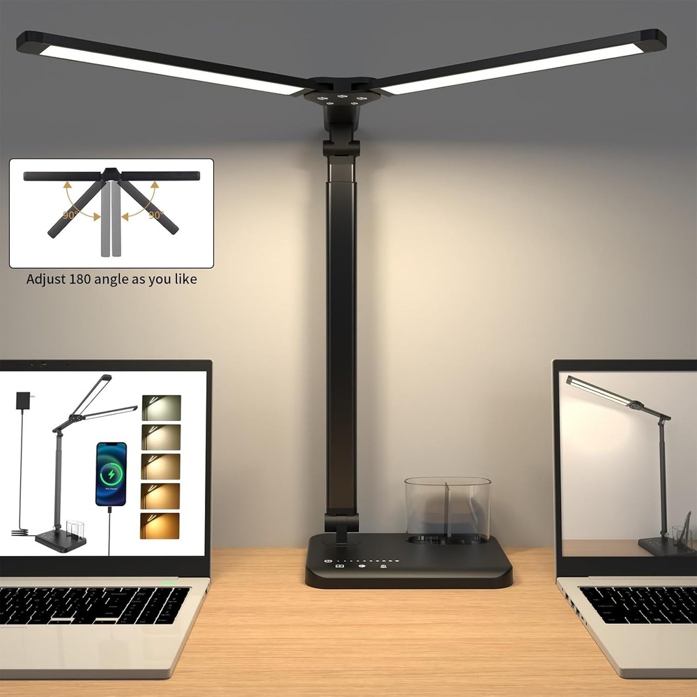 LED Desk Lamp with Dual Heads, Height Adjustable for Reading, Work, Study
