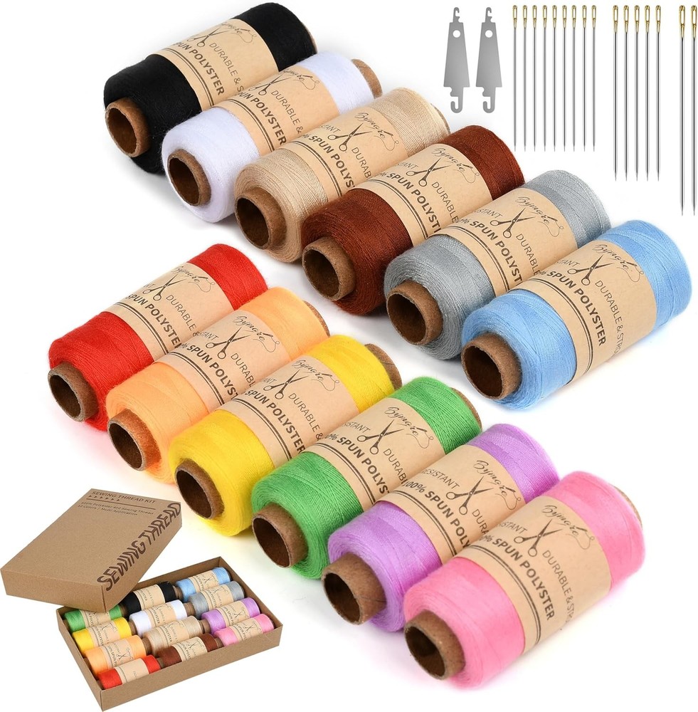 BYMORE 30 Pcs Sewing Thread Kit, 12 Colors 400 Yards per Polyester Thread Spools