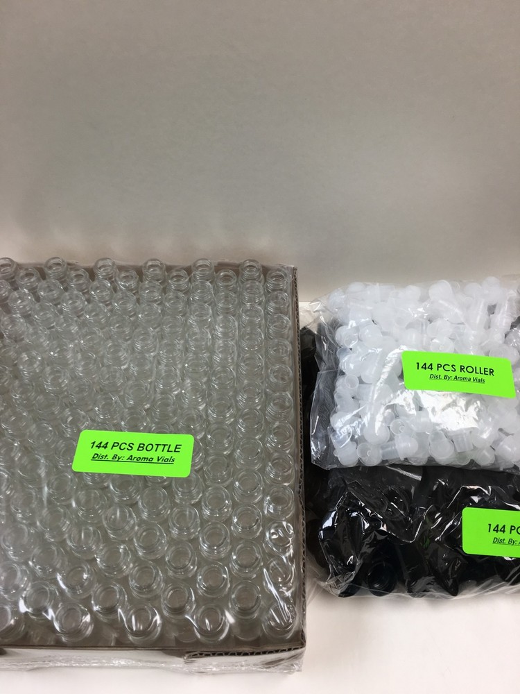 144 Bottles PLAIN 1/3 oz 10ml Clear Glass Roll on With BLACK Cap & Roller
