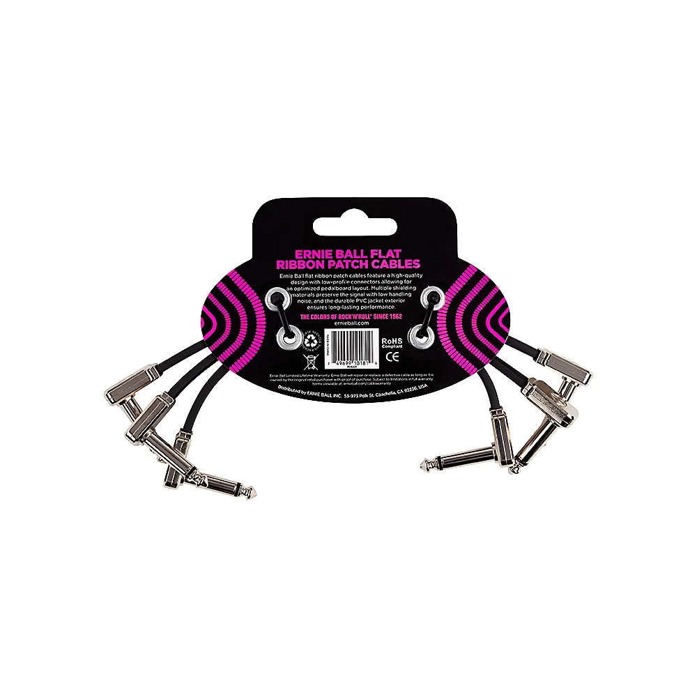 Ernie Ball Flat Ribbon Patch Cables, 3-Pack 6 in. Black