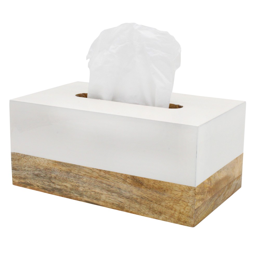 White Enamel/Mango Wood Rectangular Tissue Box Cover; Scandinavian Decor Oblong