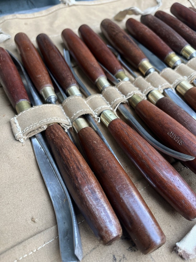 Lovely Antique Set Of 23 Marples & Sons Carving Chisels Gouges In Roll