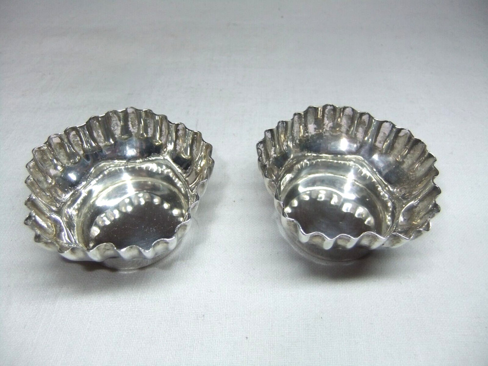 Pair Antique Sterling Solid Silver Hexagonal Scalloped Open Salt Cellars 1892
