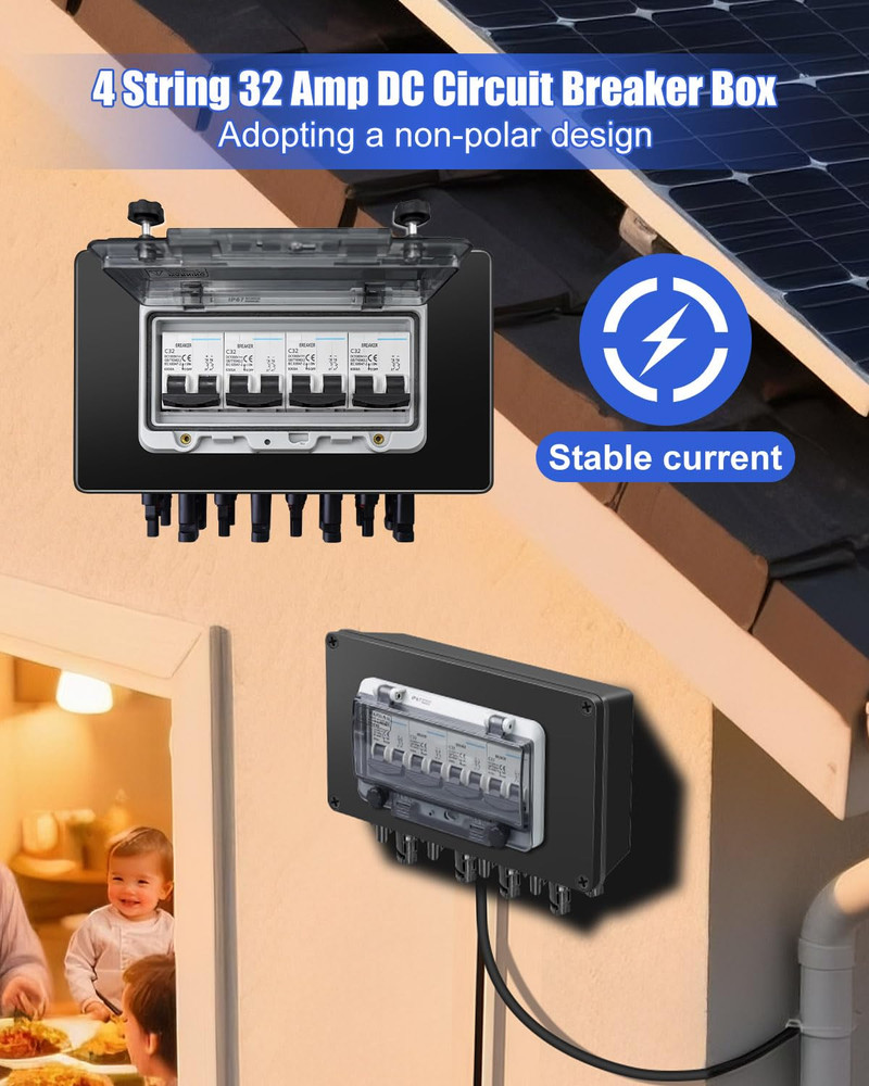 Solar Panel Disconnect Switch 4 String 32 Amp DC Circuit Breaker Box, Waterproof