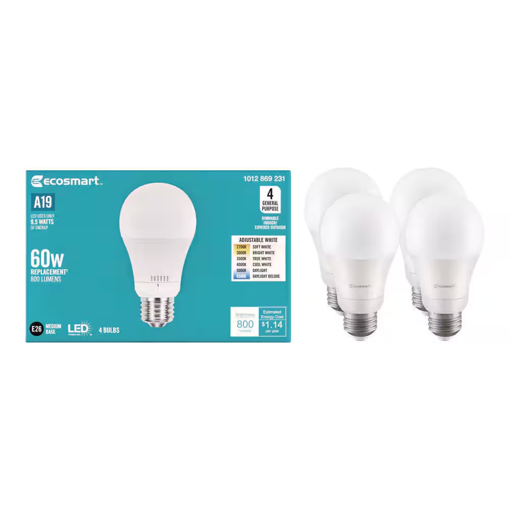 60-Watt Equivalent A19 E26 Base Dimmable LED Light Bulb with Selectable Color Te