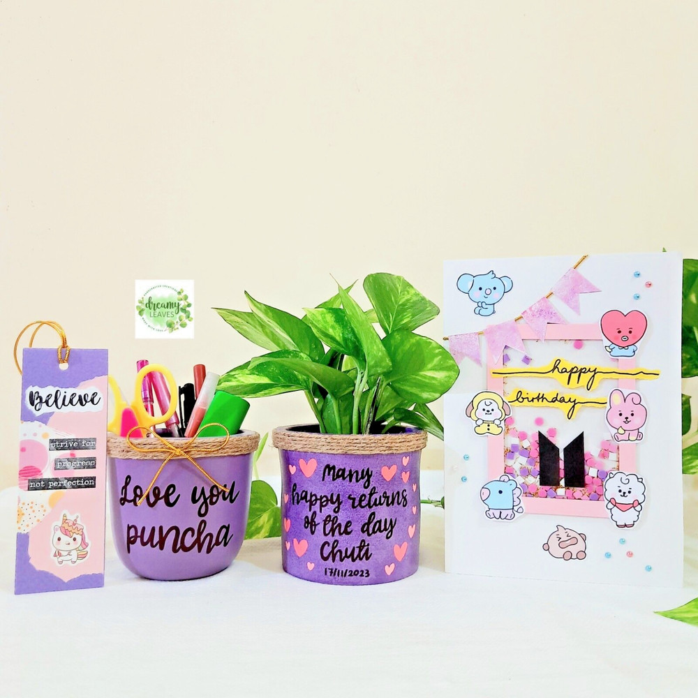 Customizable Gift Pack – Hand-Painted Pot, Pen Holder & Matching Handmade Card