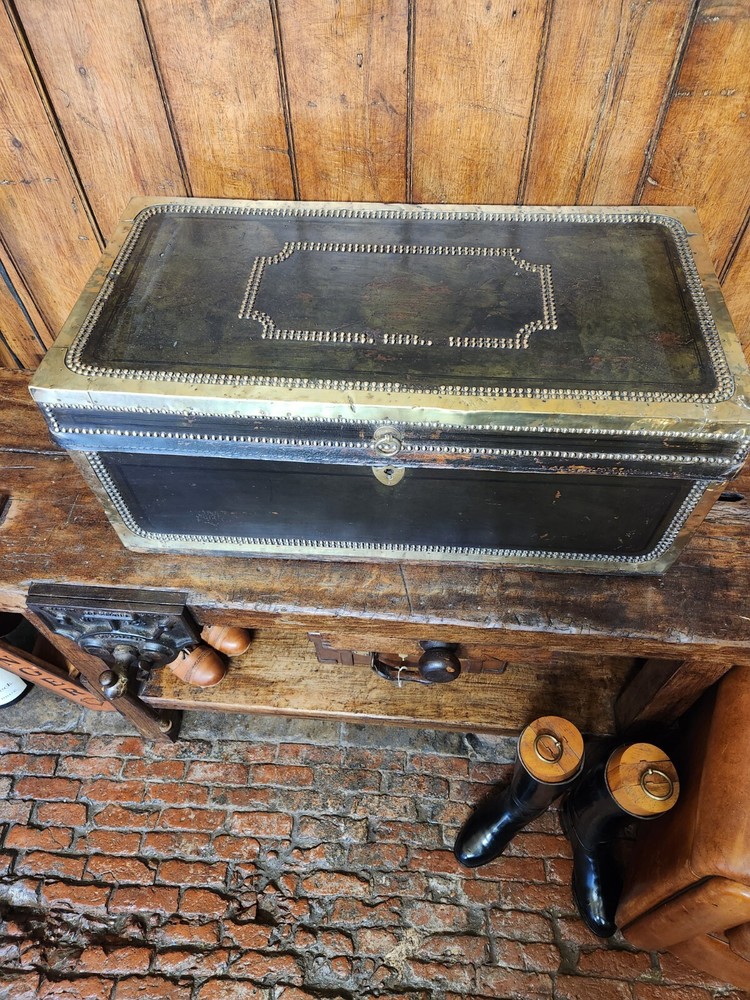 Antique Black Brass Rivetted Wooden Solid Trunk.