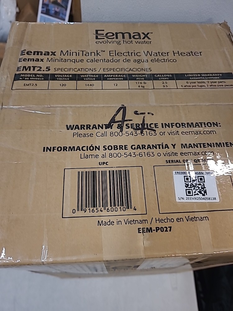 EeMax EMT2.5, MiniTank Electric Water Heater, 120V, 2.5-Gallon