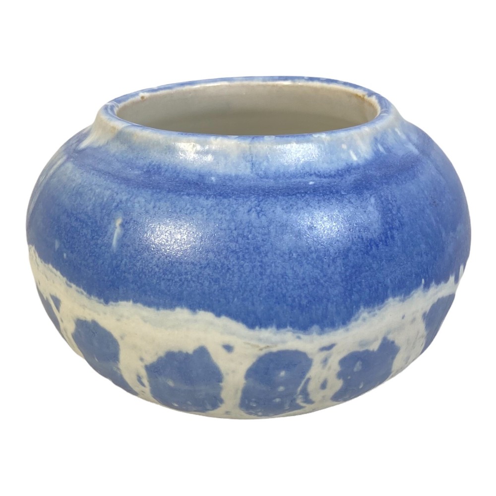 Pottery Art Vase Bowl Blue White Handmade Signed