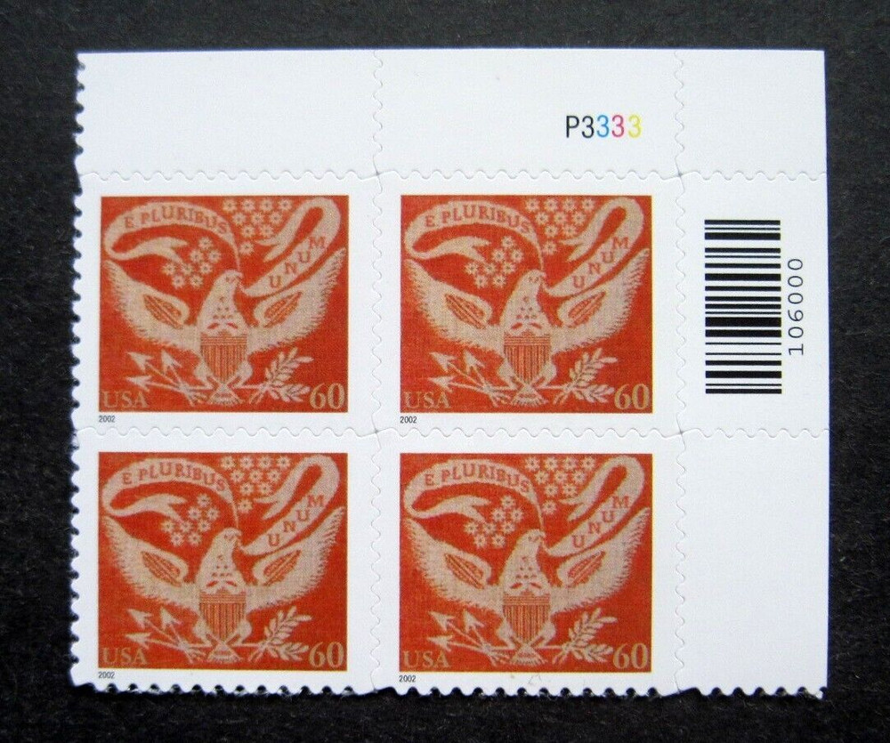 Sc # 3646 ~ Plate # Block ~ 60 cent Coverlet Eagle