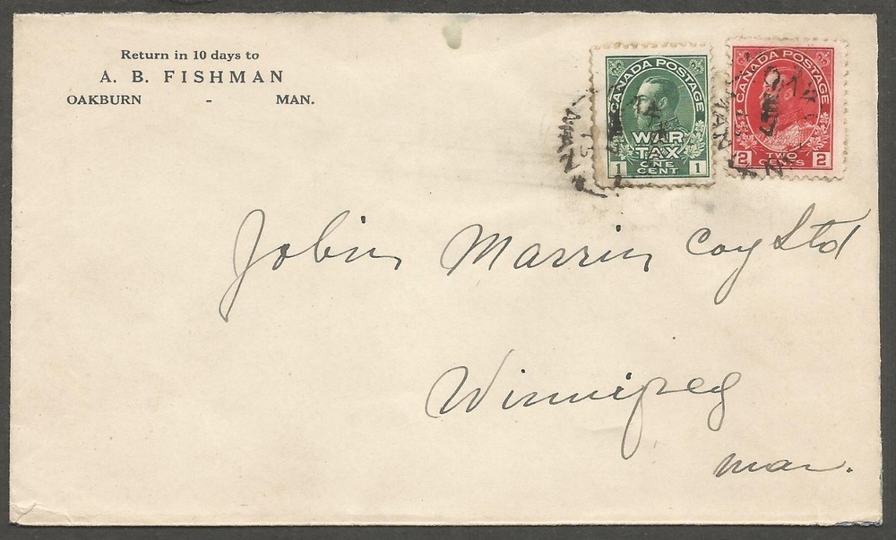 1915 Oakburn Manitoba Split Ring Cancel on Corner Card Cover