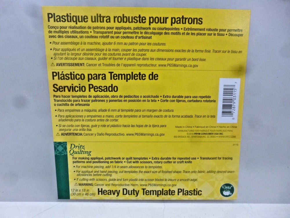 NEW! Dritz 3115 Plastic Heavy Duty Quilting Template