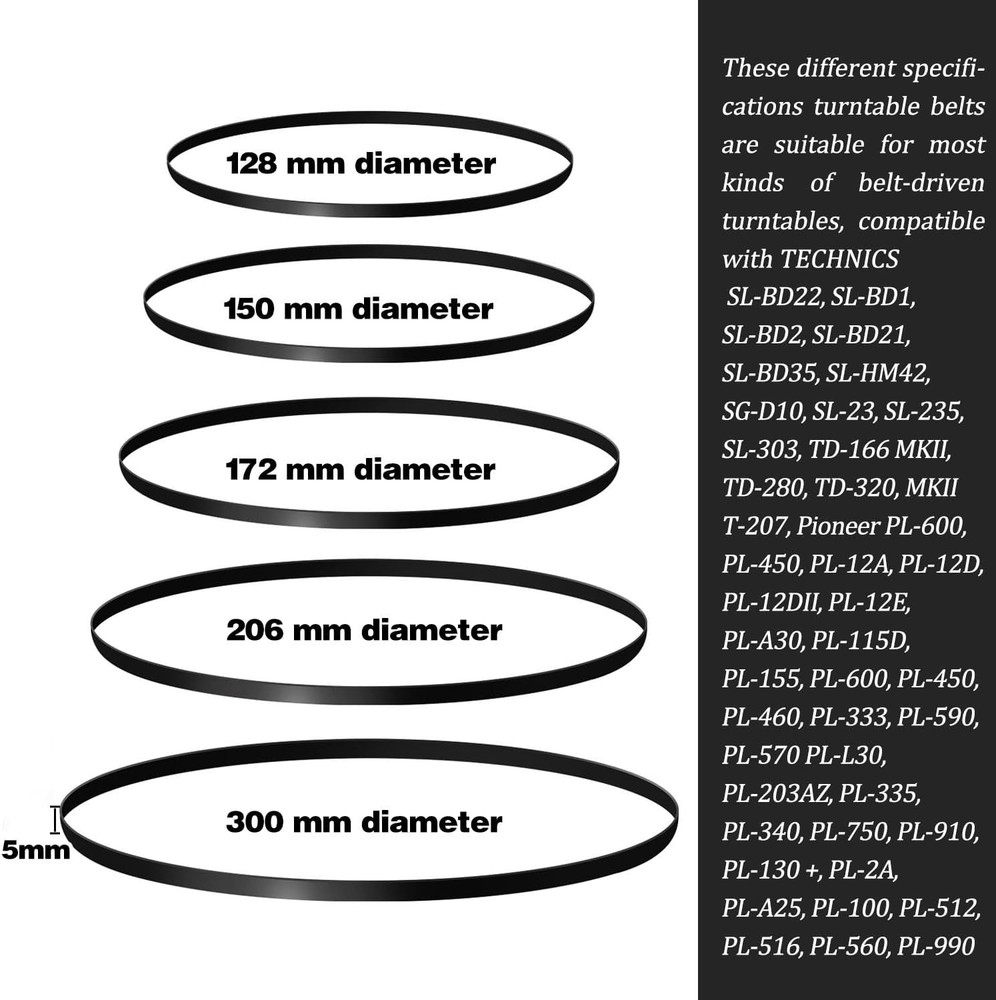 5 Pieces Turntable Belt with 5 Record Player Needle, Replacement Black
