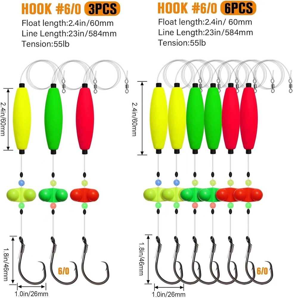 Dovesun Catfish Rigs Santee Rig Float 23", Cigar Float-6/0Hook * 6PCS