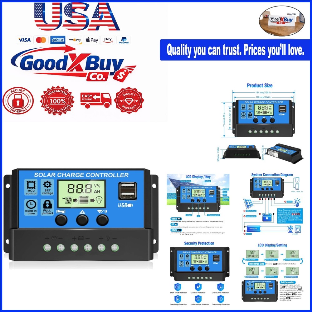 Upgraded 30A Solar Charge Controller for 12V/24V Systems with LCD Display, US...