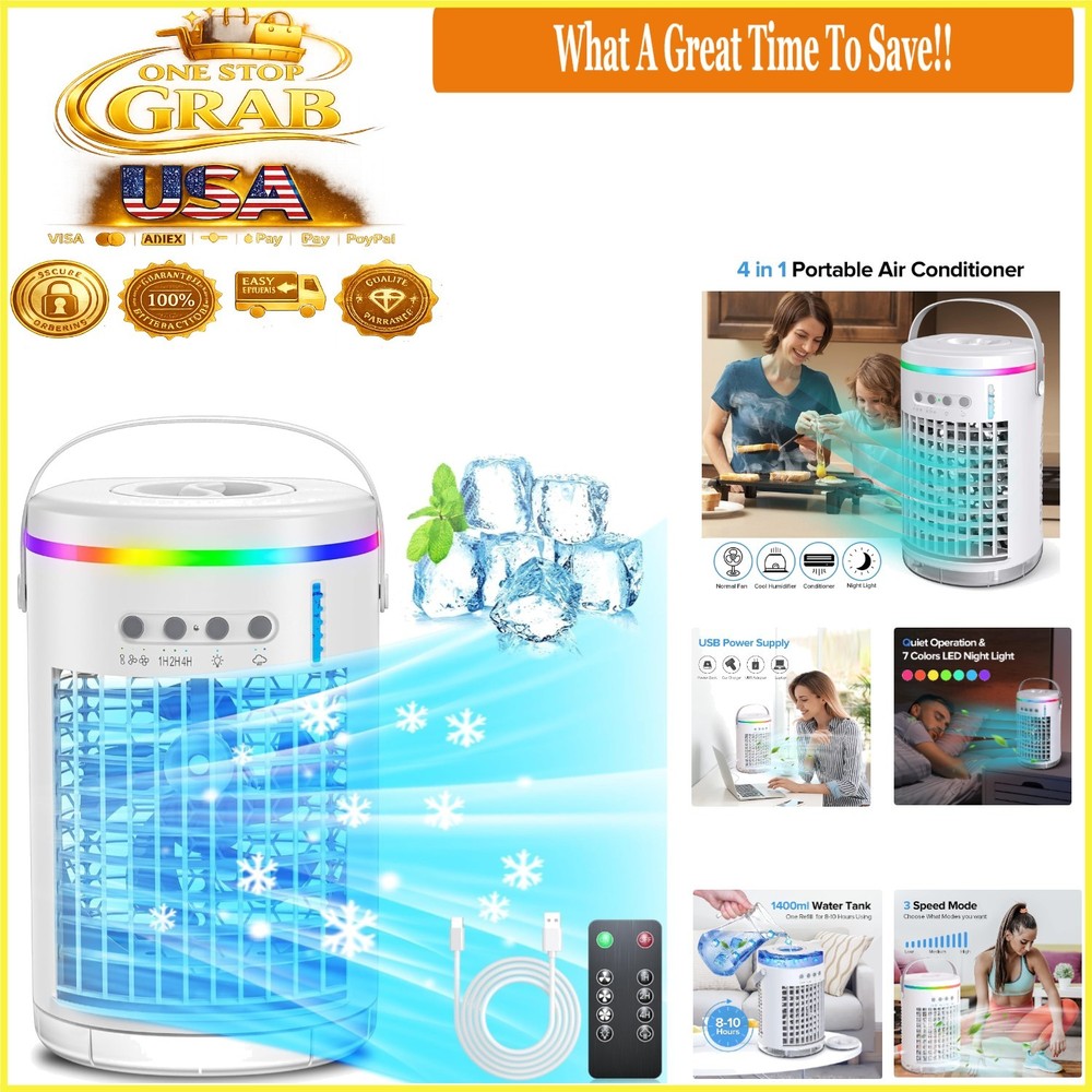 Mini Evaporative Air Cooler 3-in-1 Portable AC with 7-Color Night Light White