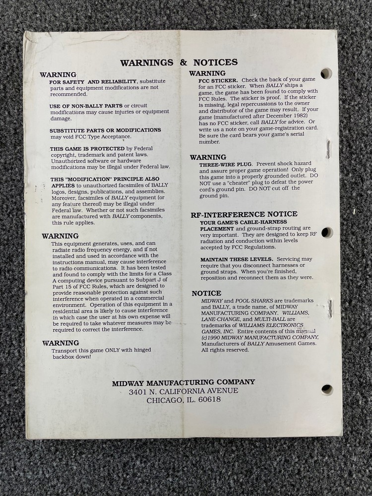 Bally Pool Sharks Machine Game Manual Schematics ORIGINAL